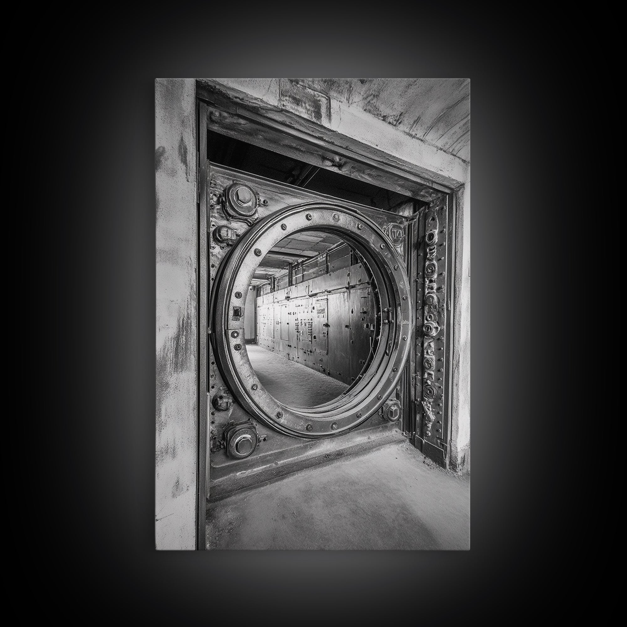 Bank Vault Door, Industrial Design, Urban Texture, Canvas Print, Masculine Office Decor, Steampunk Wall Art, Black White Print