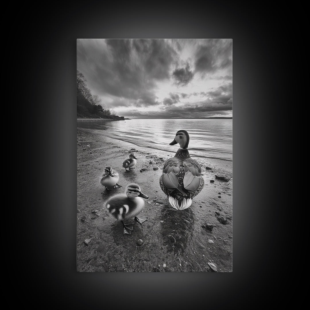 Duck Family, Lakeside Peace, Nature Walk, Canvas Print, Wholesome Wall Art, Nursery Animal Decor, Cozy Autumn Photography Style