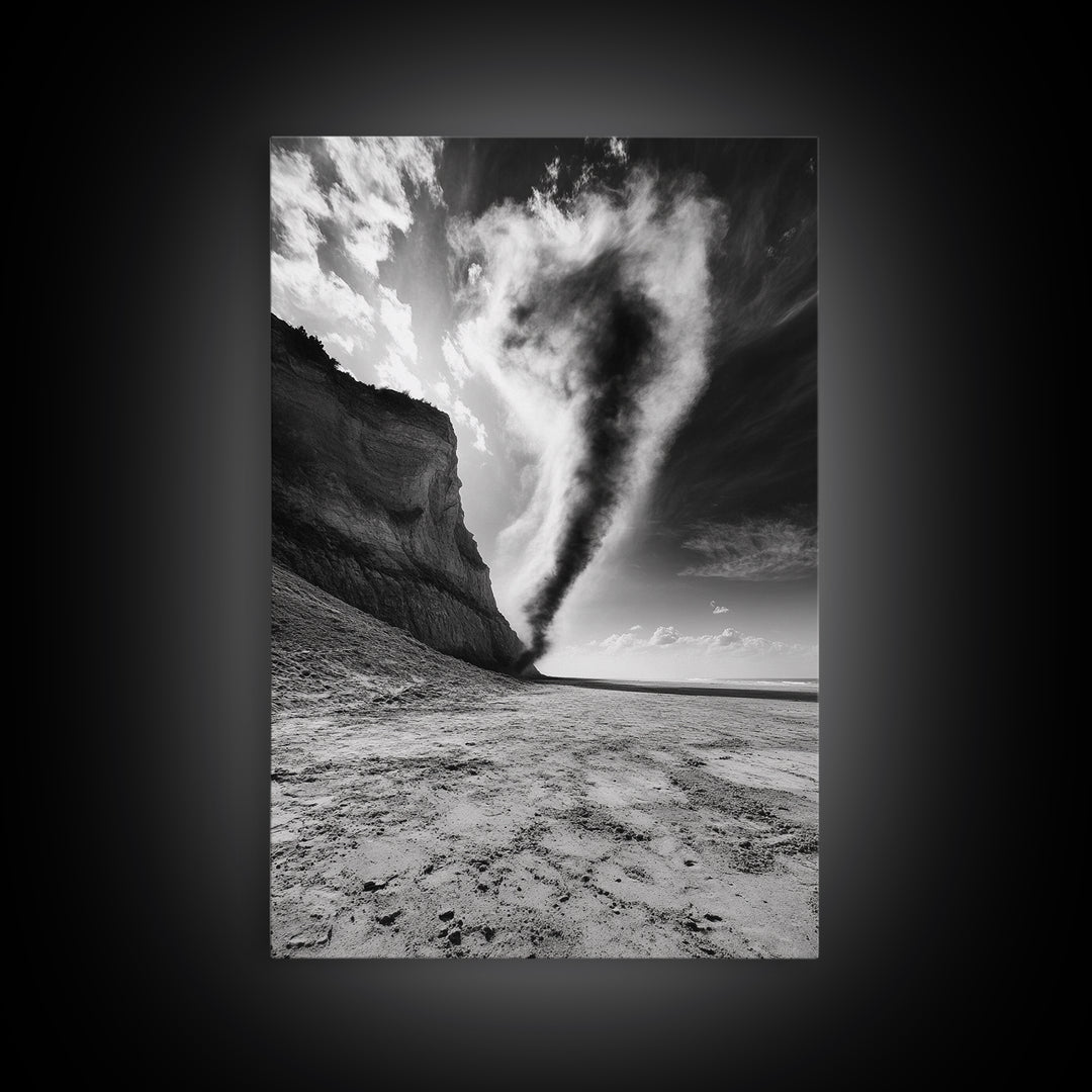 Tornado Beach Scene, Stormy Skies, Black and White Drama, Nature Photography, Framed Canvas Print, Office Wall Art, Moody Minimalist Decor
