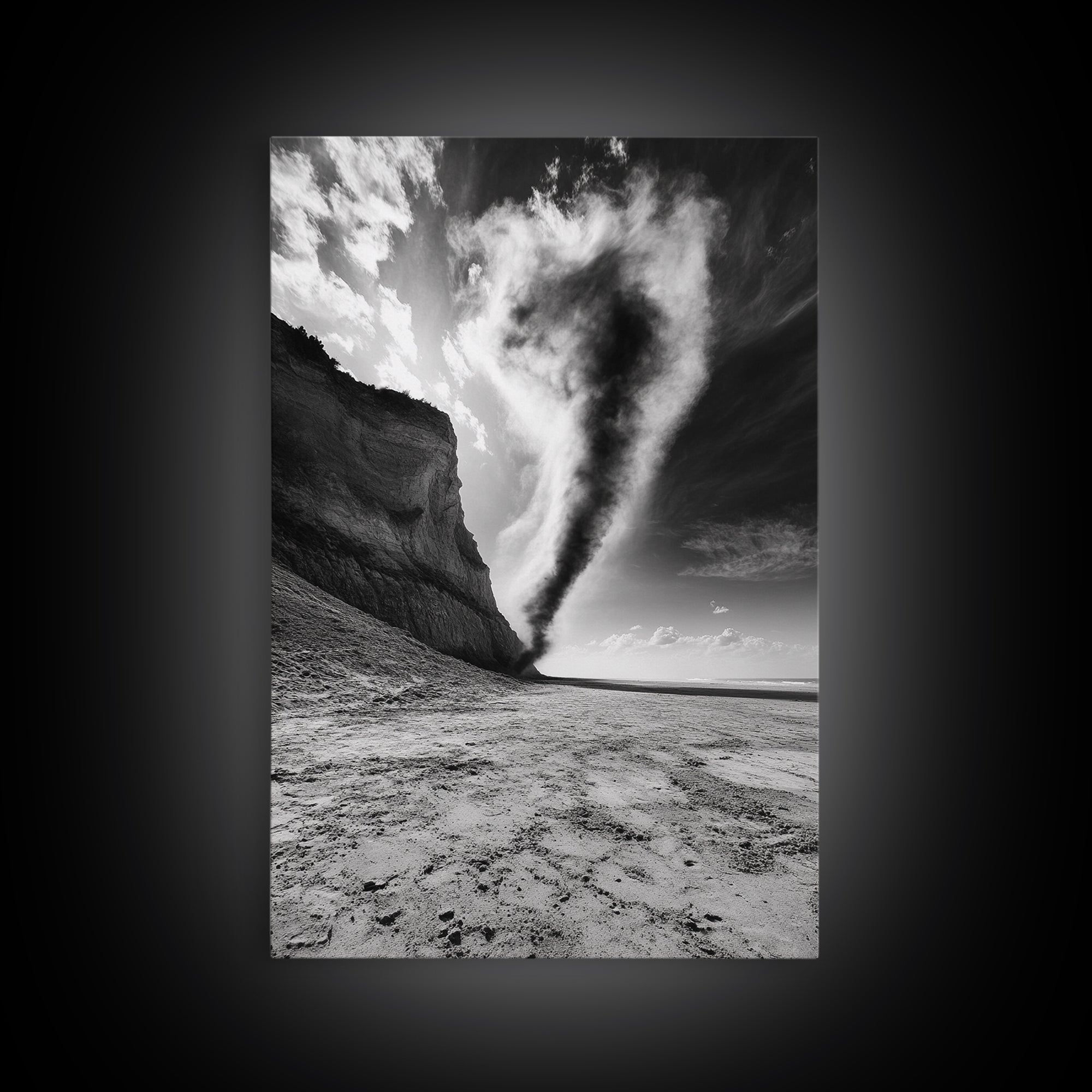 Tornado Beach Scene, Stormy Skies, Black and White Drama, Nature Photography, Framed Canvas Print, Office Wall Art, Moody Minimalist Decor