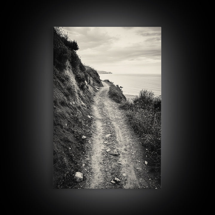 Coastal Cliff Path, Tranquil Trail, Black and White Landscape, Nature Lover Gift, Framed Canvas Print, Entryway Wall Art, Rustic Boho Art