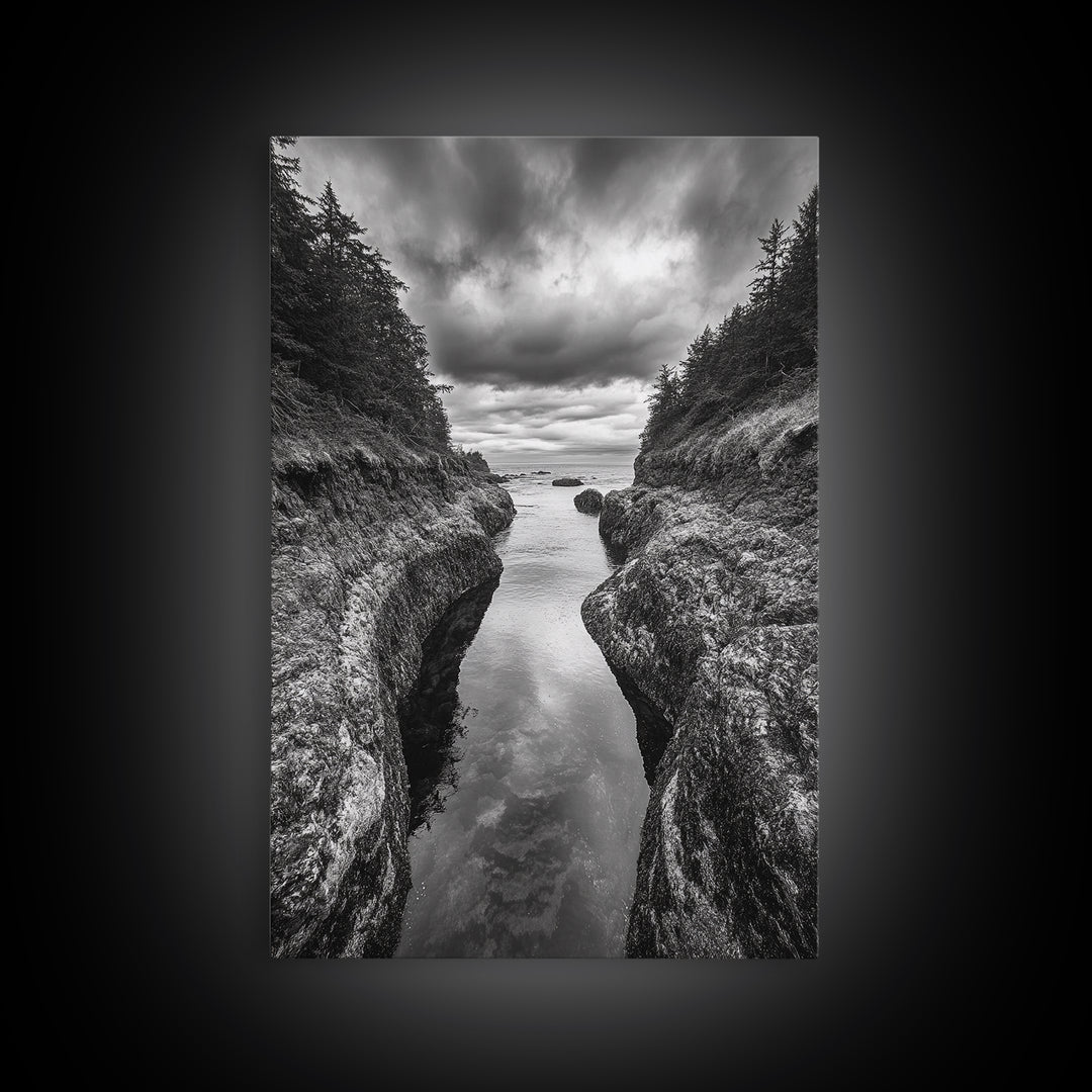 Rocky Waterway, Coastal Reflections, Dramatic Cloudscape, Ocean Nature Print, Framed Canvas Print, Bathroom Wall Art, Modern Rustic Style