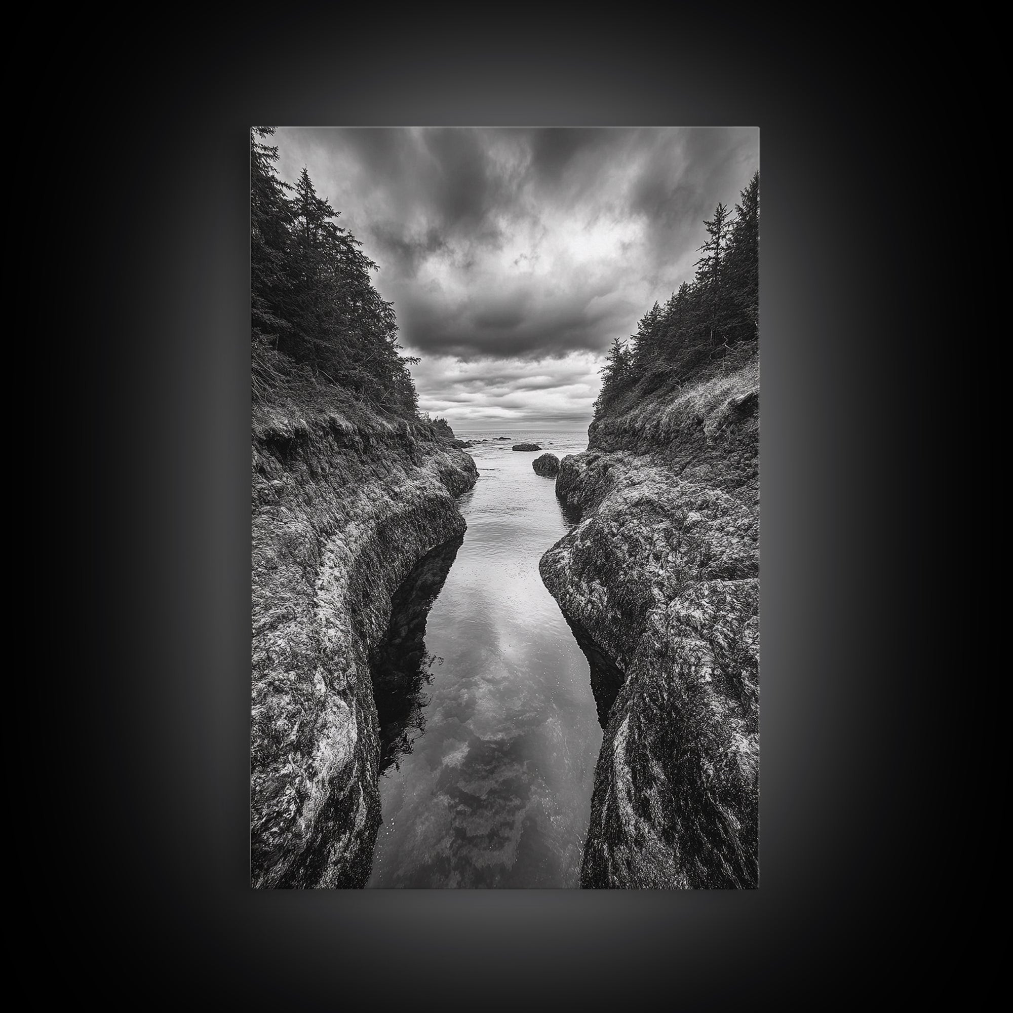 Rocky Waterway, Coastal Reflections, Dramatic Cloudscape, Ocean Nature Print, Framed Canvas Print, Bathroom Wall Art, Modern Rustic Style