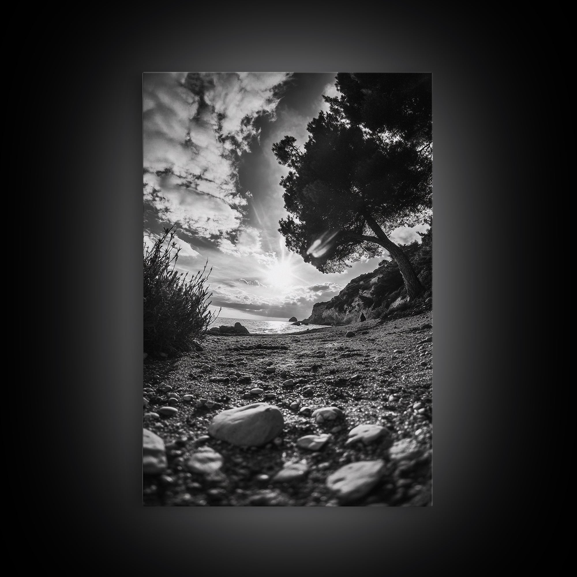Sunset Beach View, Wide Angle Perspective, Nature Shoreline, Monochrome Landscape, Framed Canvas Print, Hallway Wall Art, Beach Decor