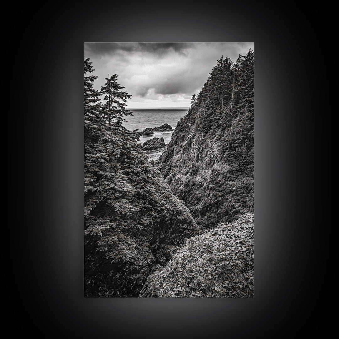 Rugged Ocean View, Coastal Forest, Black and White Mountains, Pacific Northwest Vibes, Framed Canvas Print, Den Wall Art, Moody Cabin Decor