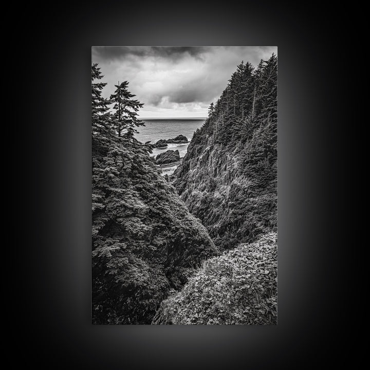 Rugged Ocean View, Coastal Forest, Black and White Mountains, Pacific Northwest Vibes, Framed Canvas Print, Den Wall Art, Moody Cabin Decor