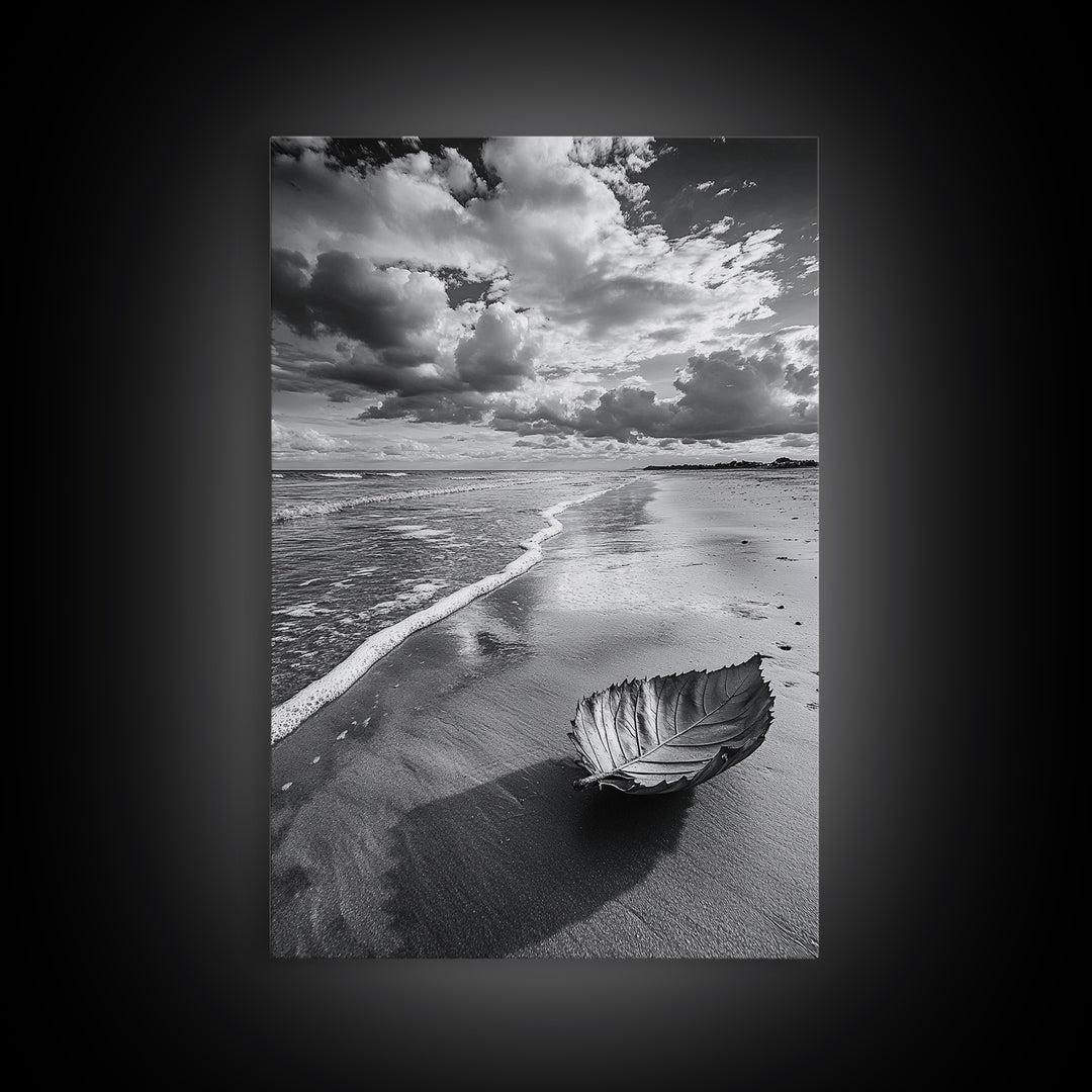 Autumn Beach Leaf, Drift Shore, Moody Cloudscape, Black and White Fall Art, Framed Canvas Print, Seasonal Wall Decor, Rustic Autumn Style