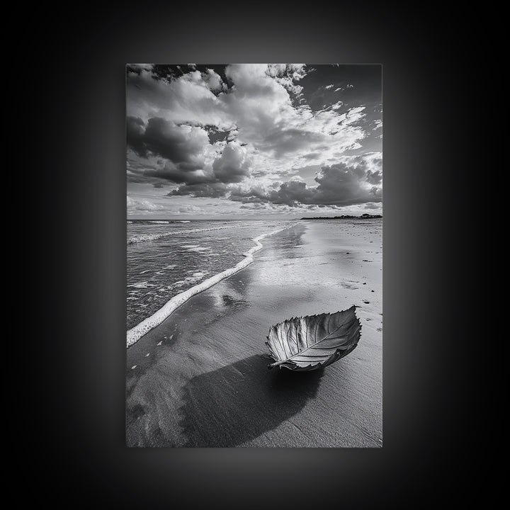 Autumn Beach Leaf, Drift Shore, Moody Cloudscape, Black and White Fall Art, Framed Canvas Print, Seasonal Wall Decor, Rustic Autumn Style