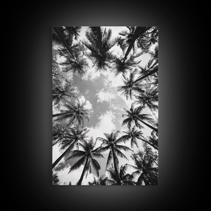 Palm Tree Sky, Tropical Canopy, Black and White Island View, Jungle Overhead Scene, Framed Canvas Print, Bathroom Wall Art, Beach Boho Decor