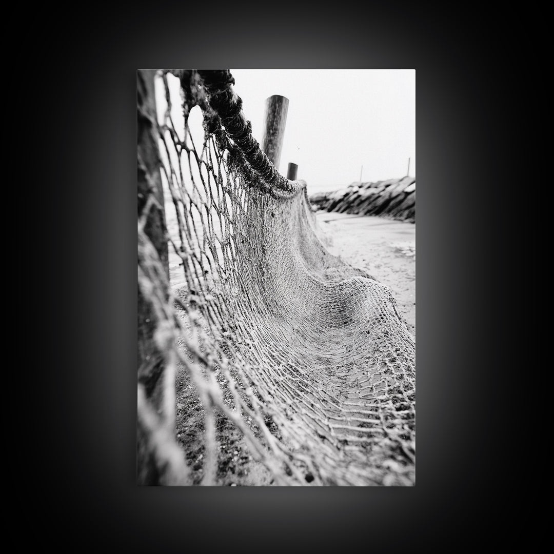 Coastal Net, Beach Texture, Nautical Vibe, Ocean Fence, Framed Canvas Print, Bathroom Wall Art, Coastal Cottage Style, Monochrome Beach Art