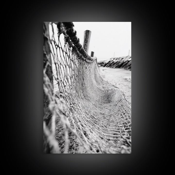 Coastal Net, Beach Texture, Nautical Vibe, Ocean Fence, Framed Canvas Print, Bathroom Wall Art, Coastal Cottage Style, Monochrome Beach Art
