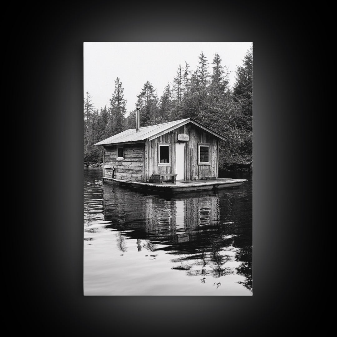 Floating Cabin, Lake House, Forest Reflection, Tranquil Waters, Framed Canvas Print, Bedroom Wall Art, Cabin Aesthetic, Rustic Nature Vibe