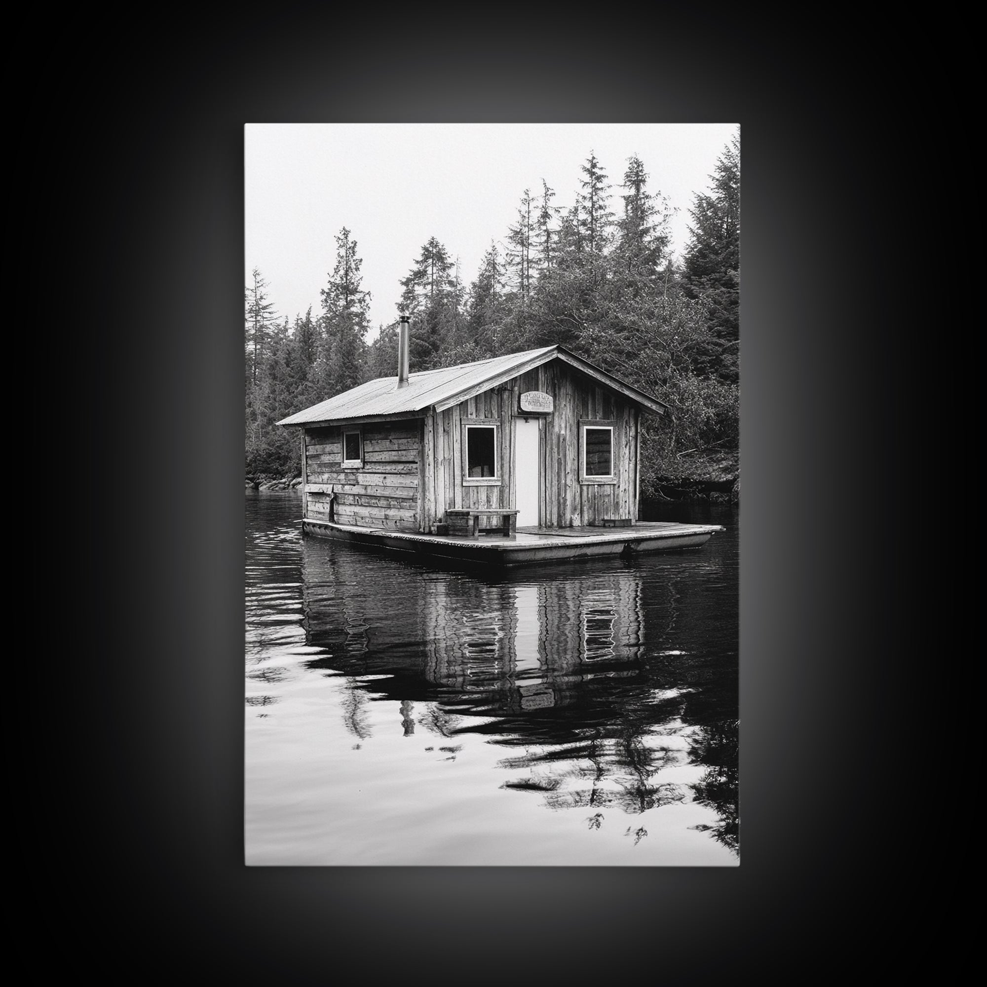 Floating Cabin, Lake House, Forest Reflection, Tranquil Waters, Framed Canvas Print, Bedroom Wall Art, Cabin Aesthetic, Rustic Nature Vibe