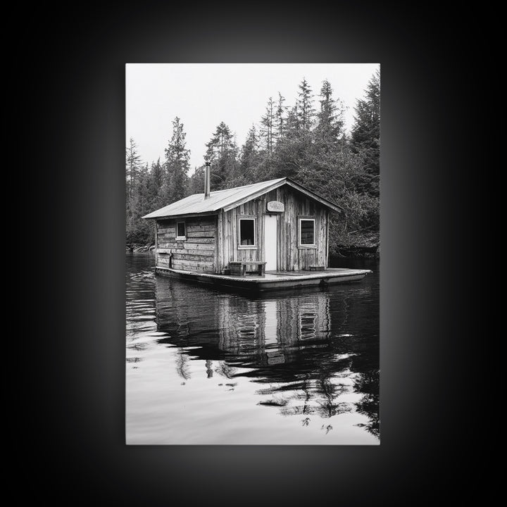 Floating Cabin, Lake House, Forest Reflection, Tranquil Waters, Framed Canvas Print, Bedroom Wall Art, Cabin Aesthetic, Rustic Nature Vibe