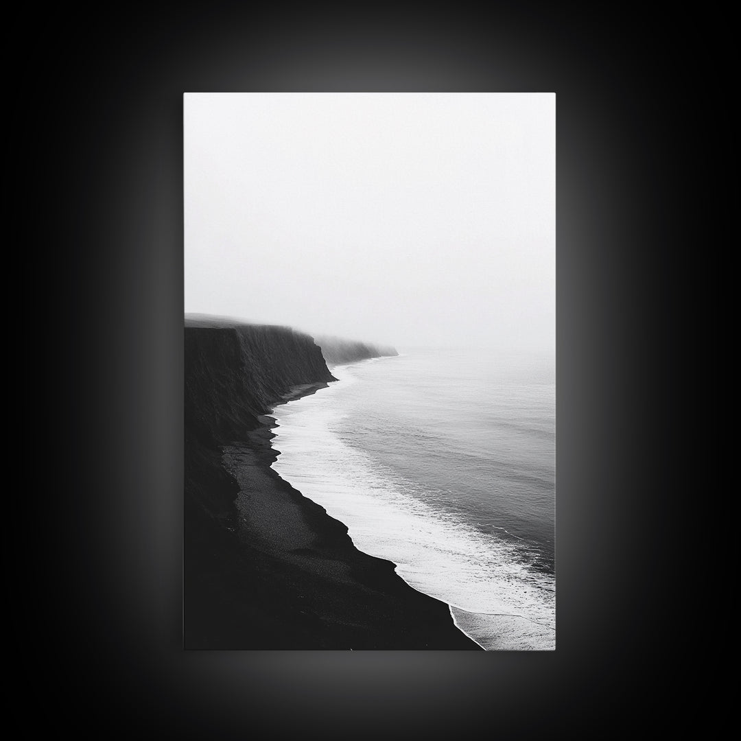 Cliff Coast, Mist Horizon, Monochrome Sea, Rugged Beauty, Canvas Print, Living Room Wall Art, Coastal Modern Style, Minimalist Ocean Scene