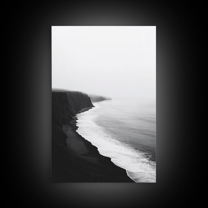 Cliff Coast, Mist Horizon, Monochrome Sea, Rugged Beauty, Canvas Print, Living Room Wall Art, Coastal Modern Style, Minimalist Ocean Scene