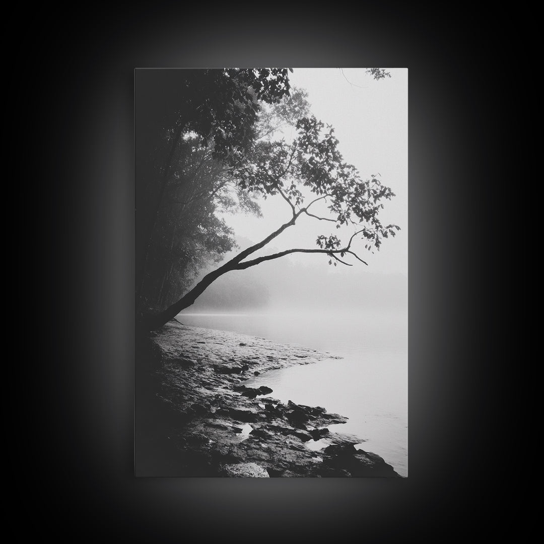 Misty Tree, Shoreline Fog, Forest Edge, Moody Atmosphere, Framed Canvas Print, Bedroom Wall Art, Autumn Woodland Style, Serene Nature Decor