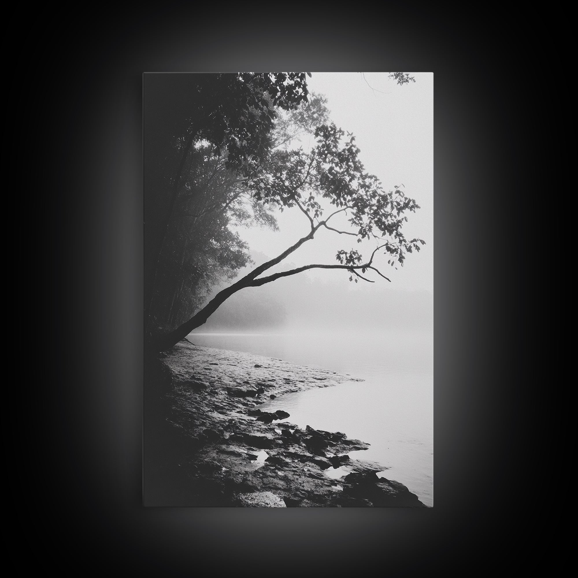 Misty Tree, Shoreline Fog, Forest Edge, Moody Atmosphere, Framed Canvas Print, Bedroom Wall Art, Autumn Woodland Style, Serene Nature Decor