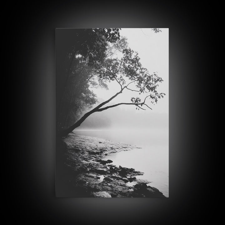 Misty Tree, Shoreline Fog, Forest Edge, Moody Atmosphere, Framed Canvas Print, Bedroom Wall Art, Autumn Woodland Style, Serene Nature Decor
