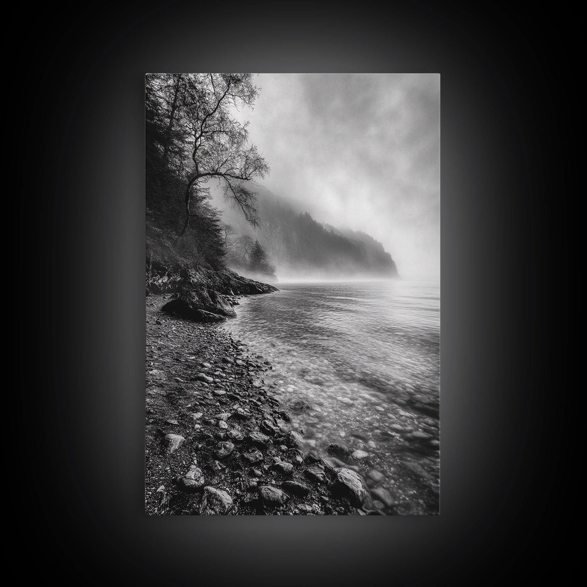 Foggy Coast, Moody Shore, Tranquil Pebbles, Forest Water, Framed Canvas Print, Bathroom Wall Art, Nature Photography Style, Calm Retreat Decor