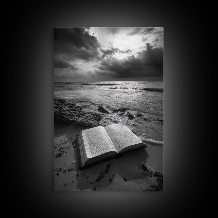 Book Beach Twilight, Reading By Ocean, Literary Seascape, Canvas Print, Study Wall Art, Moody Literary Art, Minimalist Coastal Decor
