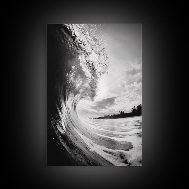 Ocean Wave Curl, Sea Barrel Art, Surf Power Print, Framed Canvas Print, Bathroom Wall Art, Modern Beach Decor, Black White Seascape