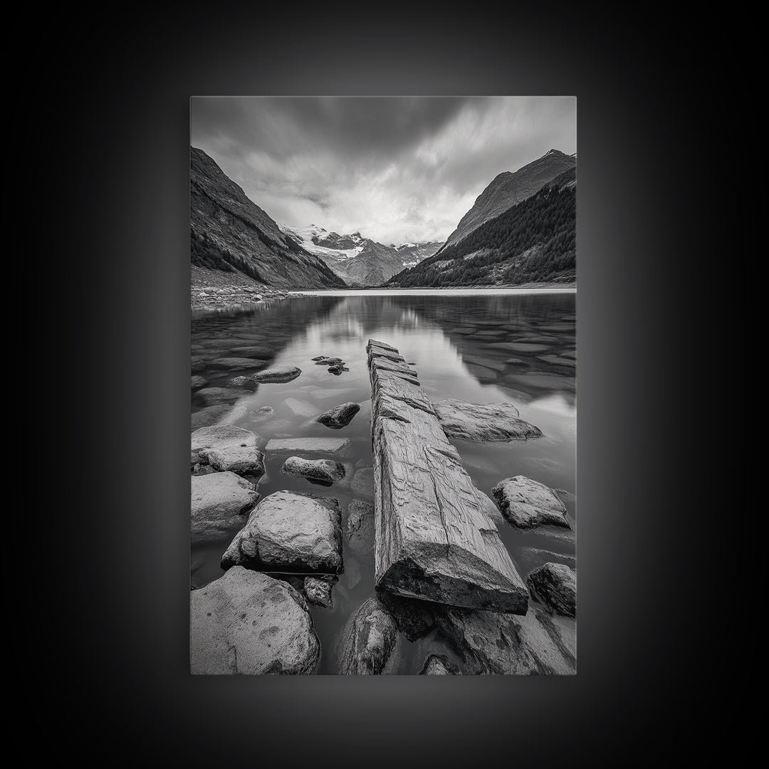 Mountain Lake Log, Alpine Serenity Scene, Tranquil Rock Shore, Canvas Print, Bedroom Wall Art, Nature Retreat, Minimalist Landscape
