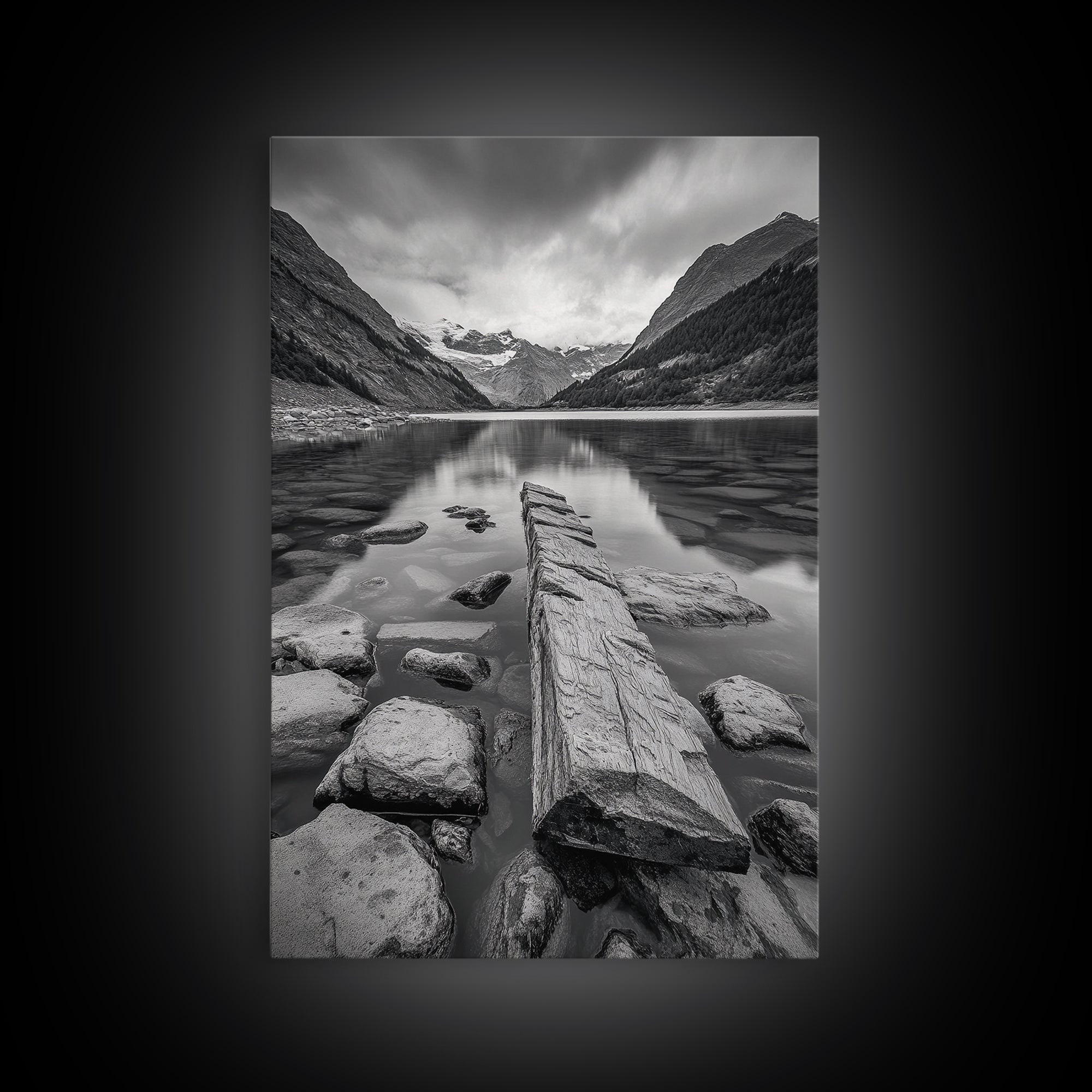 Mountain Lake Log, Alpine Serenity Scene, Tranquil Rock Shore, Canvas Print, Bedroom Wall Art, Nature Retreat, Minimalist Landscape