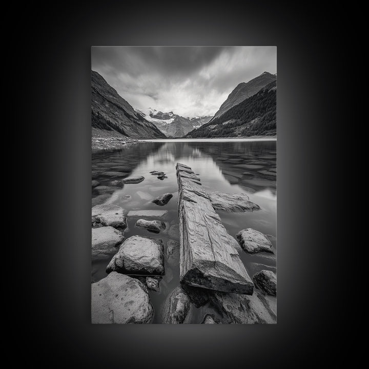 Mountain Lake Log, Alpine Serenity Scene, Tranquil Rock Shore, Canvas Print, Bedroom Wall Art, Nature Retreat, Minimalist Landscape