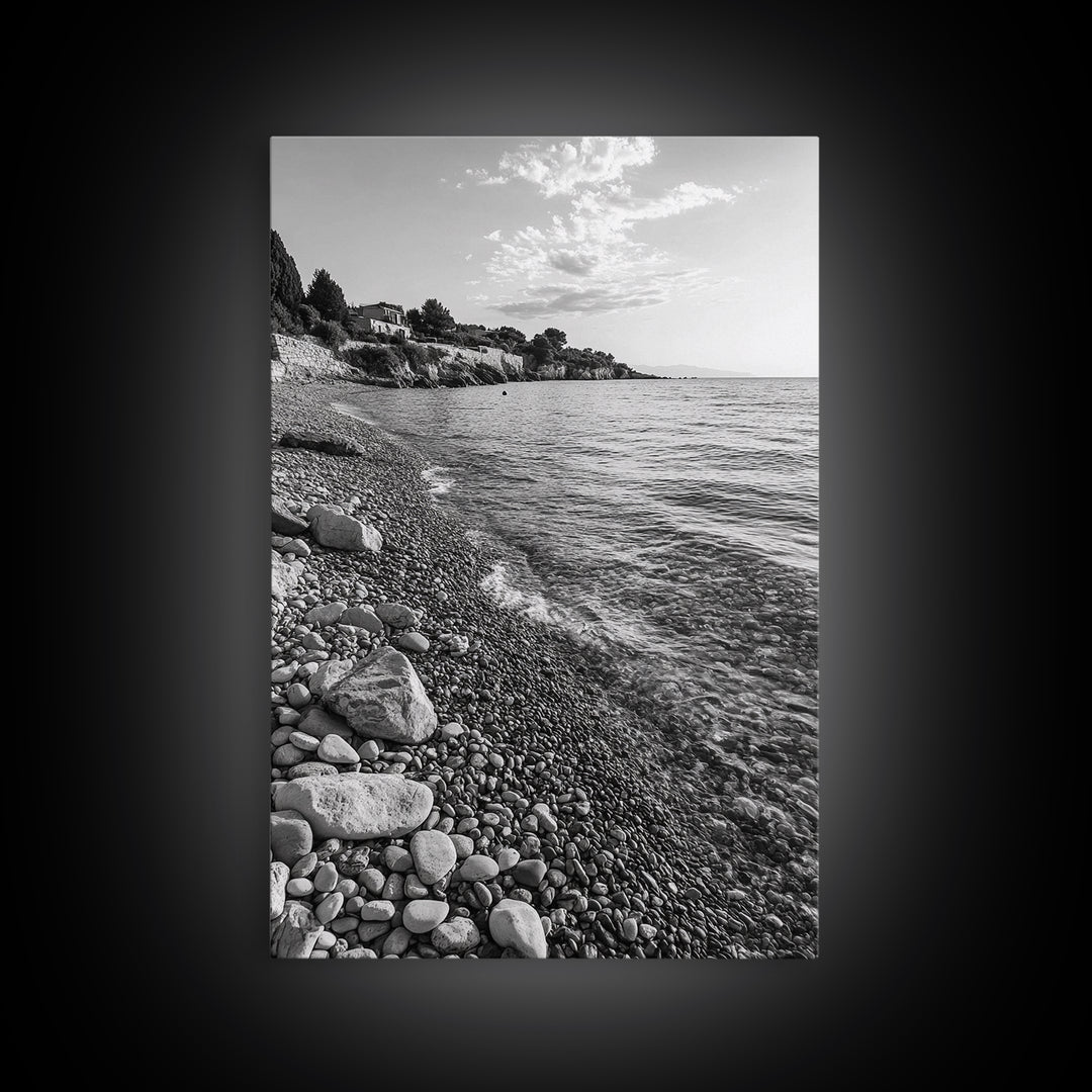 Pebble Beach, Tranquil Coastline, Coastal Stones, Sunrise Shore, Canvas Print, Bathroom Wall Art, Ocean Photography, Beach House Decor