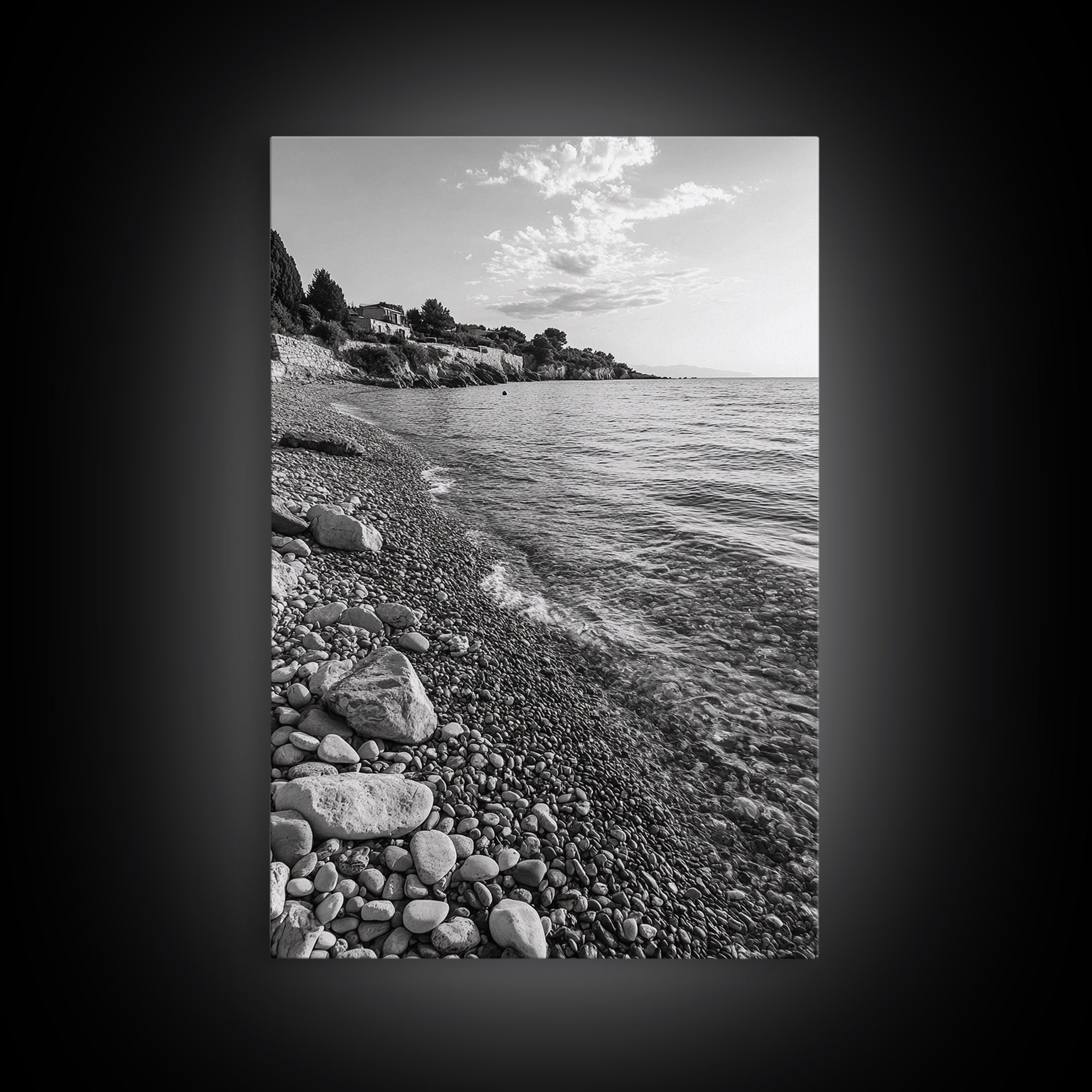 Pebble Beach, Tranquil Coastline, Coastal Stones, Sunrise Shore, Canvas Print, Bathroom Wall Art, Ocean Photography, Beach House Decor