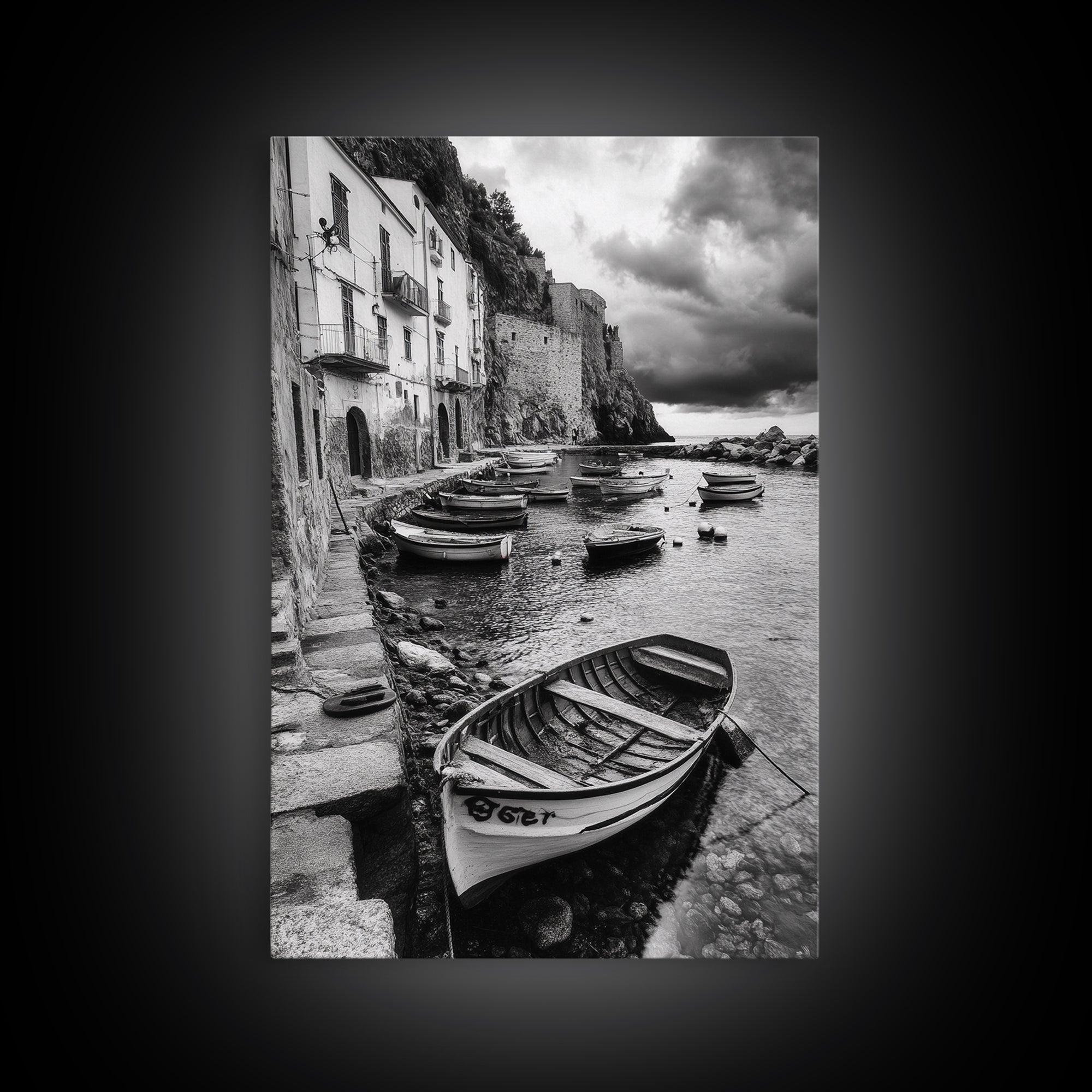 Coastal Village, Fishing Boats, Mediterranean Harbor, Seaside Charm, Framed Canvas Print, Nautical Kitchen Wall Art, Fall Decor Accent