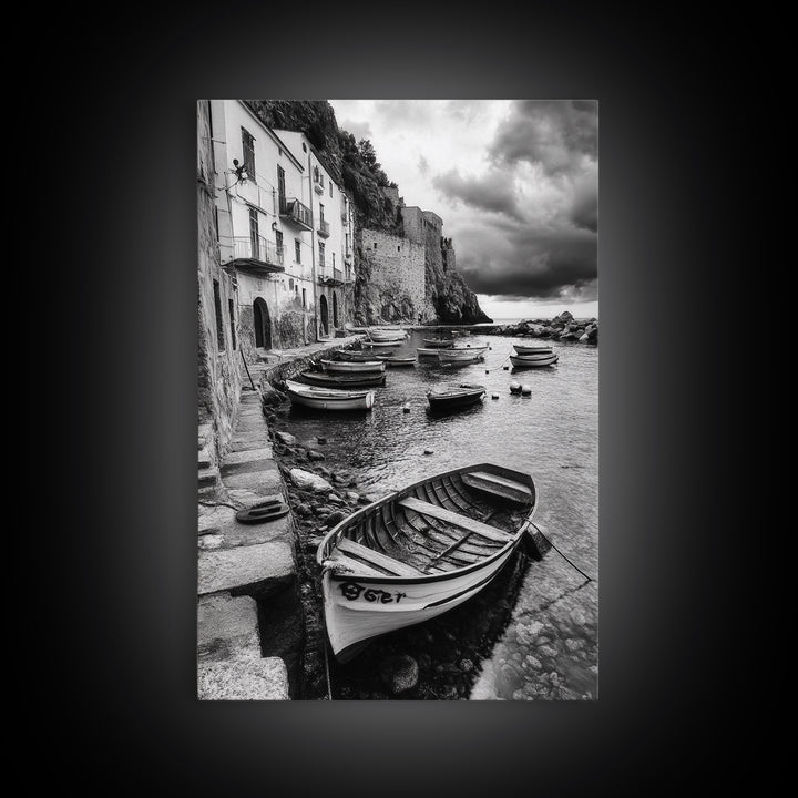 Coastal Village, Fishing Boats, Mediterranean Harbor, Seaside Charm, Framed Canvas Print, Nautical Kitchen Wall Art, Fall Decor Accent