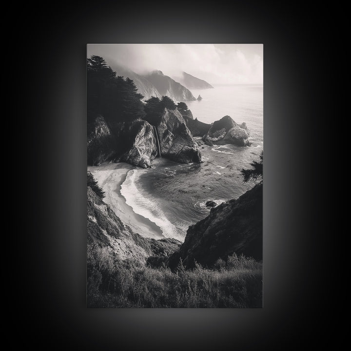 Ocean Cove, Cliffside Escape, Pacific Waters, Coastal Horizon, Canvas Print, Beach House Wall Art, Serene Nature Photography, Neutral Tones