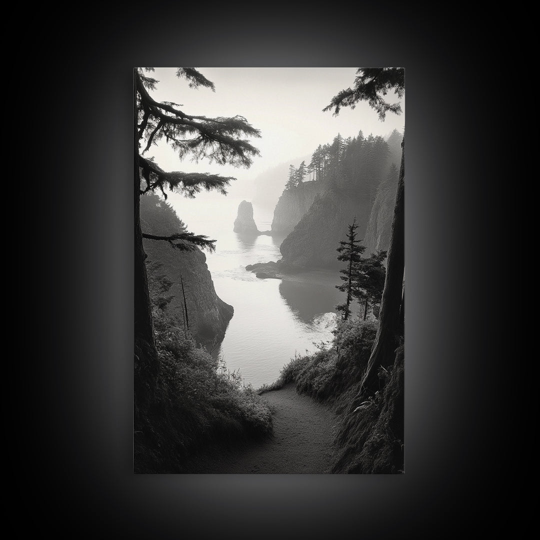 Forest Cliffs, Ocean Pathway, Misty Coast, Woodland Escape, Framed Canvas Print, Cabin Wall Art, Nature Trail Aesthetic, Autumn Mood Art
