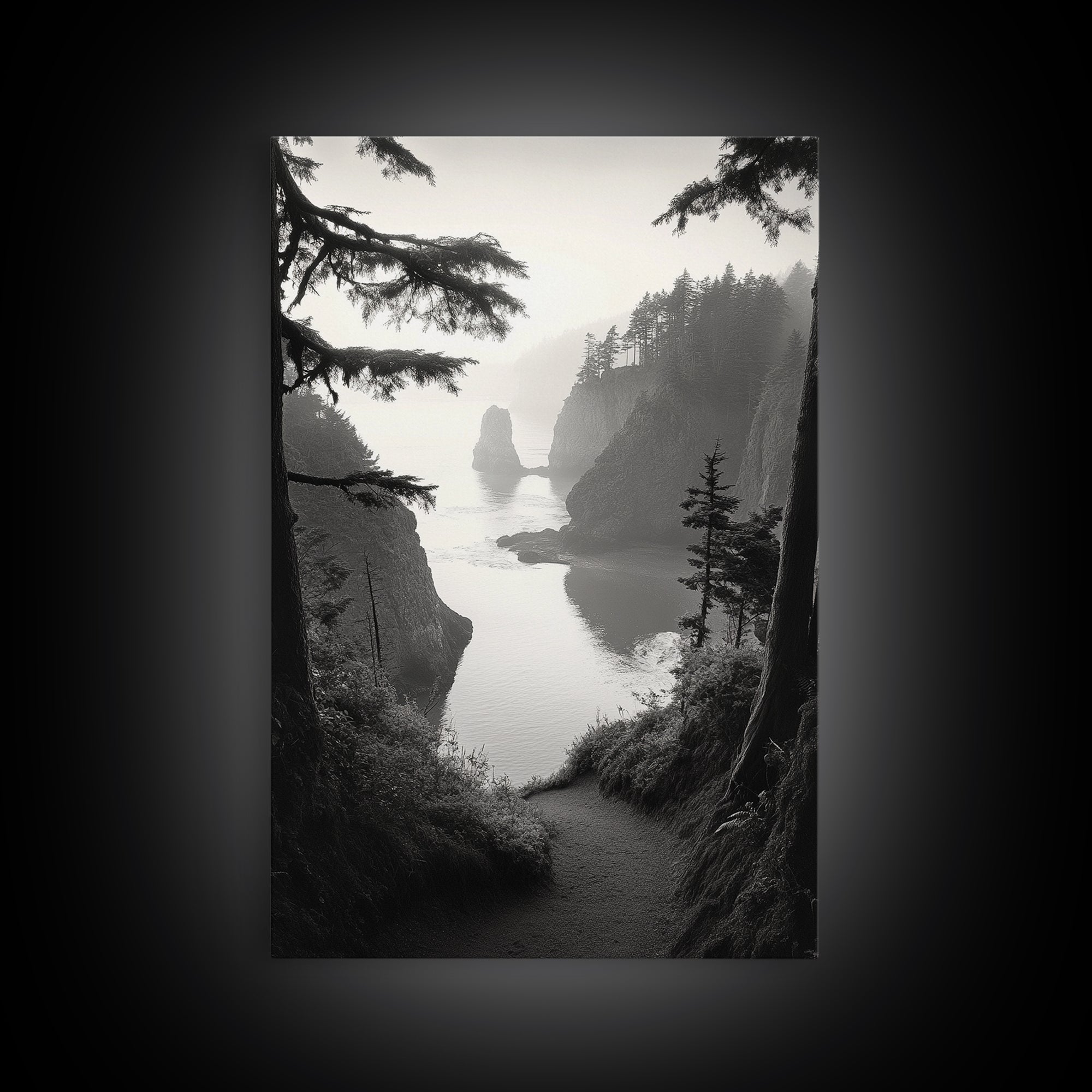 Forest Cliffs, Ocean Pathway, Misty Coast, Woodland Escape, Framed Canvas Print, Cabin Wall Art, Nature Trail Aesthetic, Autumn Mood Art