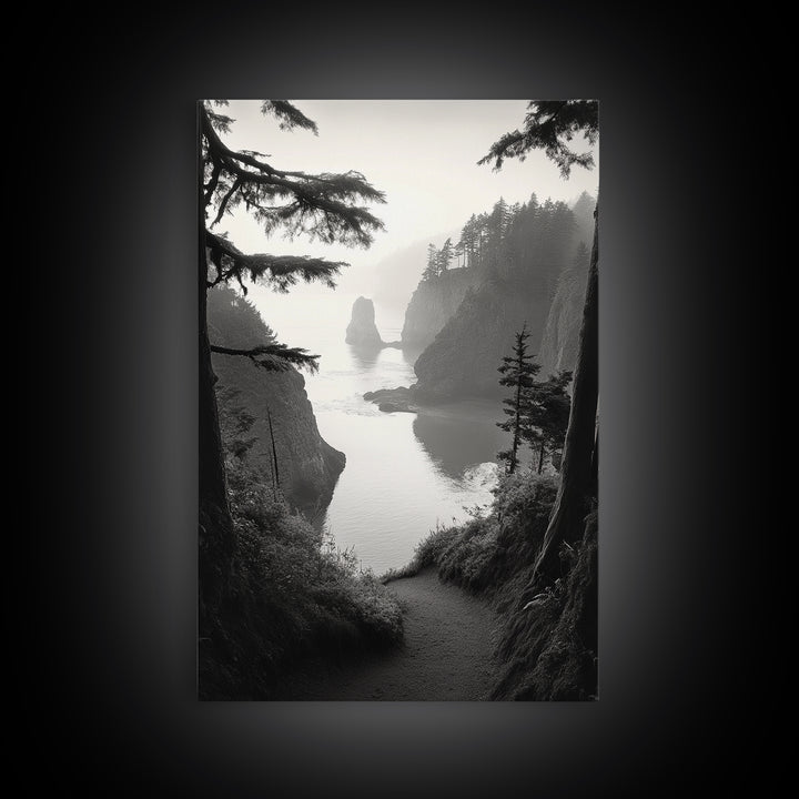 Forest Cliffs, Ocean Pathway, Misty Coast, Woodland Escape, Framed Canvas Print, Cabin Wall Art, Nature Trail Aesthetic, Autumn Mood Art