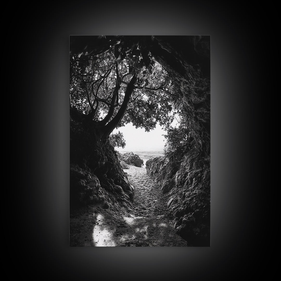 Hidden Beach, Cave Entrance, Secret Shoreline, Natural Light, Canvas Print, Bathroom Wall Decor, Travel Inspired Art, Black And White