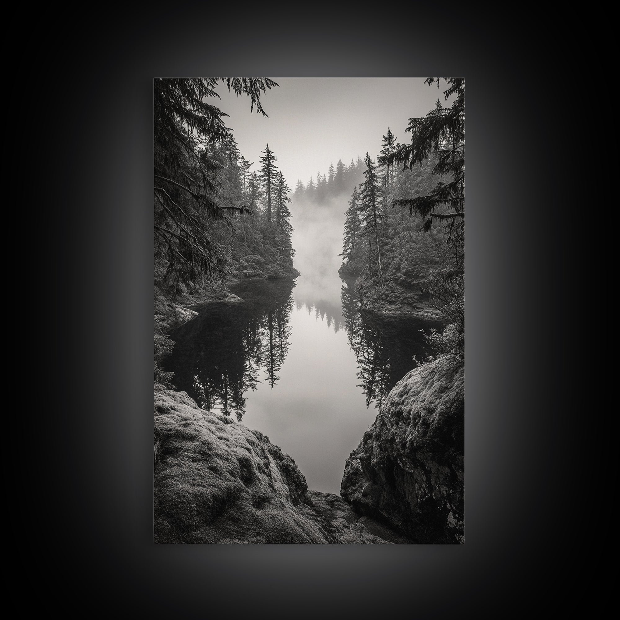 Misty Forest, River Reflection, Foggy Pines, Mountain Silence, Framed Canvas Print, Bedroom Wall Art, Tranquil Nature Photography, Zen Decor