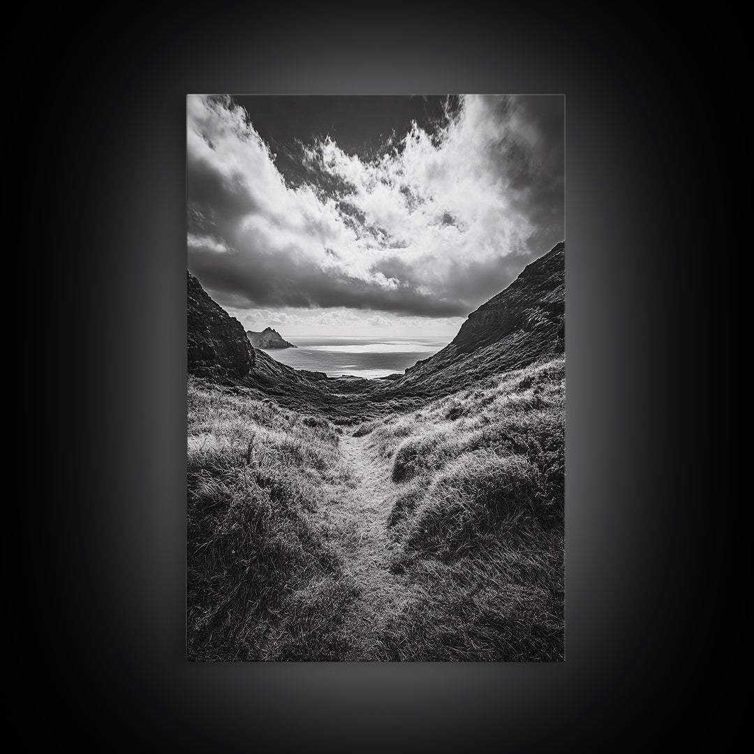 Highland Ocean Trail, Dramatic Clouds, Monochrome Nature, Canvas Print, Office Wall Art, Adventure Landscape, Rustic Home Decor