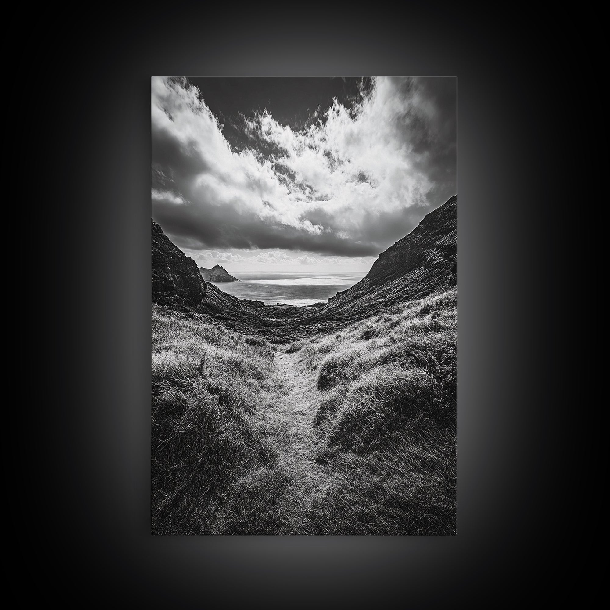 Highland Ocean Trail, Dramatic Clouds, Monochrome Nature, Canvas Print, Office Wall Art, Adventure Landscape, Rustic Home Decor