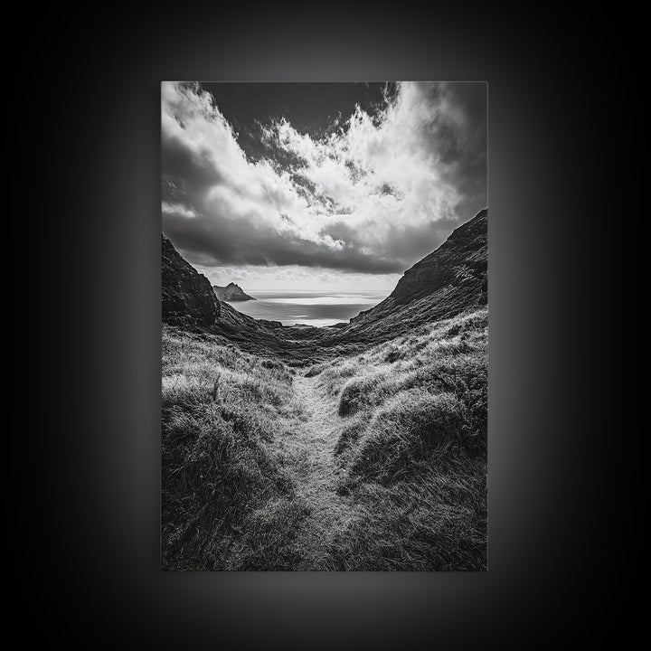 Highland Ocean Trail, Dramatic Clouds, Monochrome Nature, Canvas Print, Office Wall Art, Adventure Landscape, Rustic Home Decor
