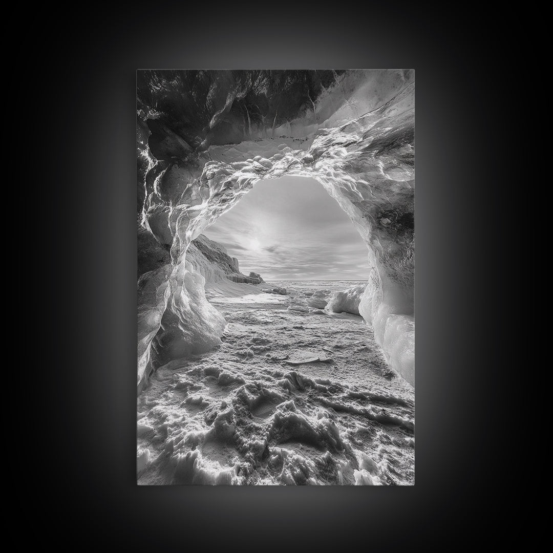 Ice Cave Opening, Winter Wonderland, Arctic Light, Framed Canvas Print, Bedroom Wall Art, Nordic Landscape, Minimalist Winter Art