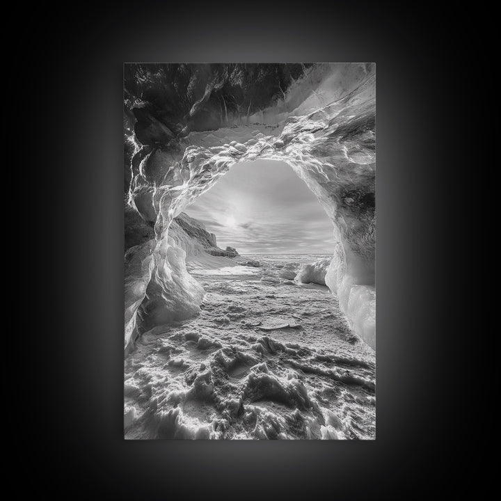Ice Cave Opening, Winter Wonderland, Arctic Light, Framed Canvas Print, Bedroom Wall Art, Nordic Landscape, Minimalist Winter Art
