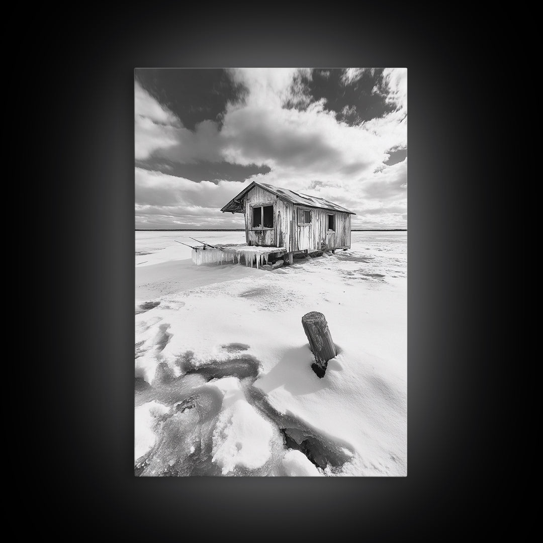 Frozen Cabin Scene, Snowy Landscape, Winter Monochrome, Canvas Print, Cabin Wall Art, Rustic Winter Decor, Nature Photography