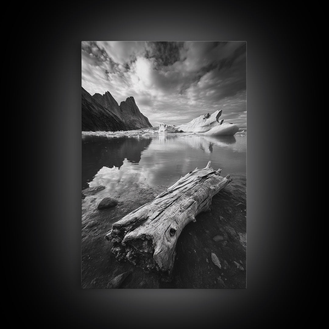 Arctic Driftwood View, Iceberg Horizon, Moody Mountains, Framed Canvas Print, Office Wall Art, Monochrome Nature, Nordic Aesthetic