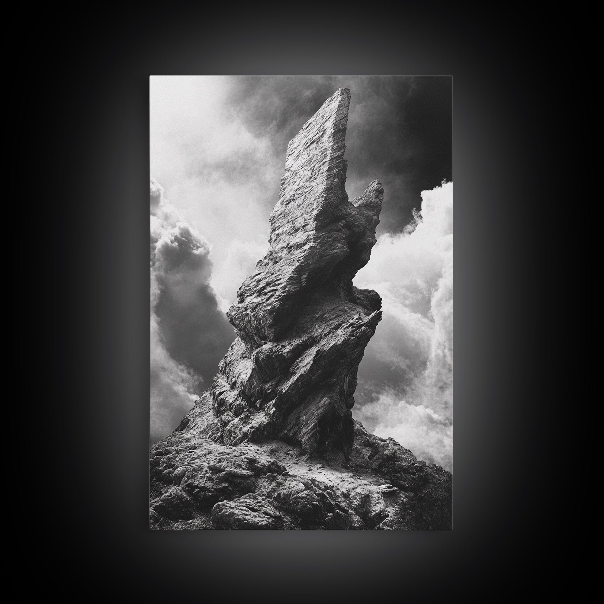 Abstract Rock Tower, Nature Photography, Stormy Sky, Canvas Print, Rustic Decor, Earthy Wall Art, Living Room Art, Moody Landscape Print