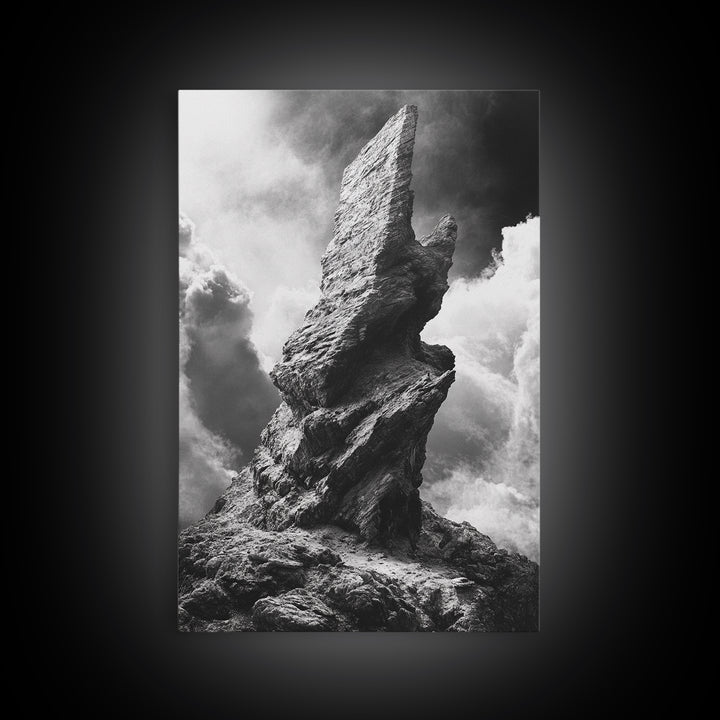 Abstract Rock Tower, Nature Photography, Stormy Sky, Canvas Print, Rustic Decor, Earthy Wall Art, Living Room Art, Moody Landscape Print