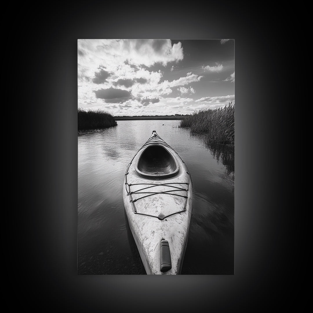 Kayak Lake View, Serene Water Landscape, Outdoor Adventure Art, Canvas Print, Cabin Wall Decor, Nature Lover Gift, Minimalist Water Art