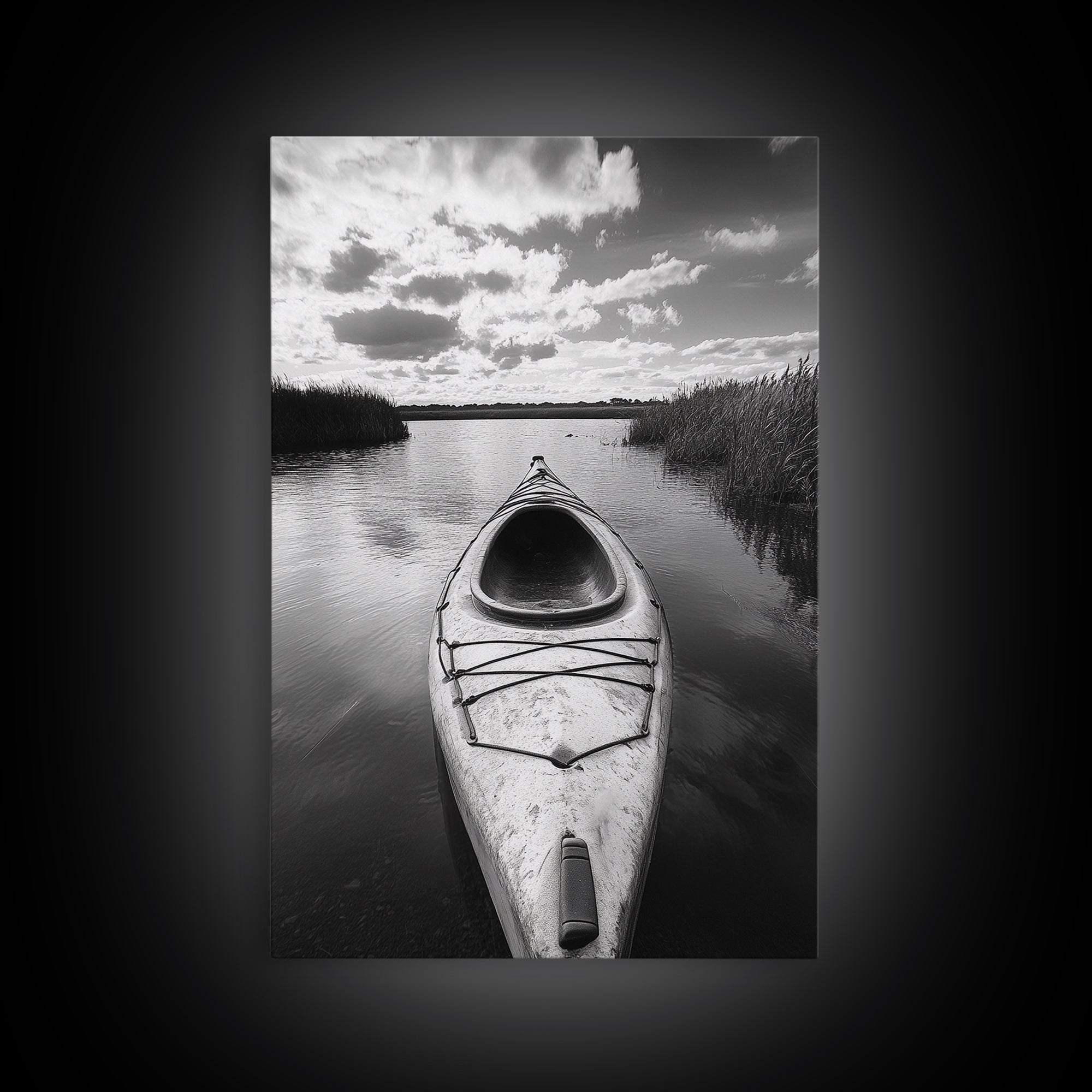 Kayak Lake View, Serene Water Landscape, Outdoor Adventure Art, Canvas Print, Cabin Wall Decor, Nature Lover Gift, Minimalist Water Art